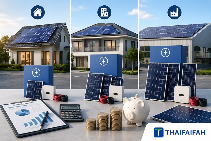 ตารางเปรียบเทียบงบประมาณติดตั้งโซล่าเซลล์ขนาด 3kw 5kw 10kw สำหรับบ้านและอาคารพาณิชย์ ช่วยประหยัดไฟระบบออนกริดและออฟกริด