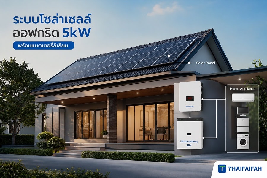 ระบบโซล่าเซลล์ออฟกริดขนาด 5kw พร้อมแบตเตอรี่ลิเธียมสำหรับบ้านพักอาศัย