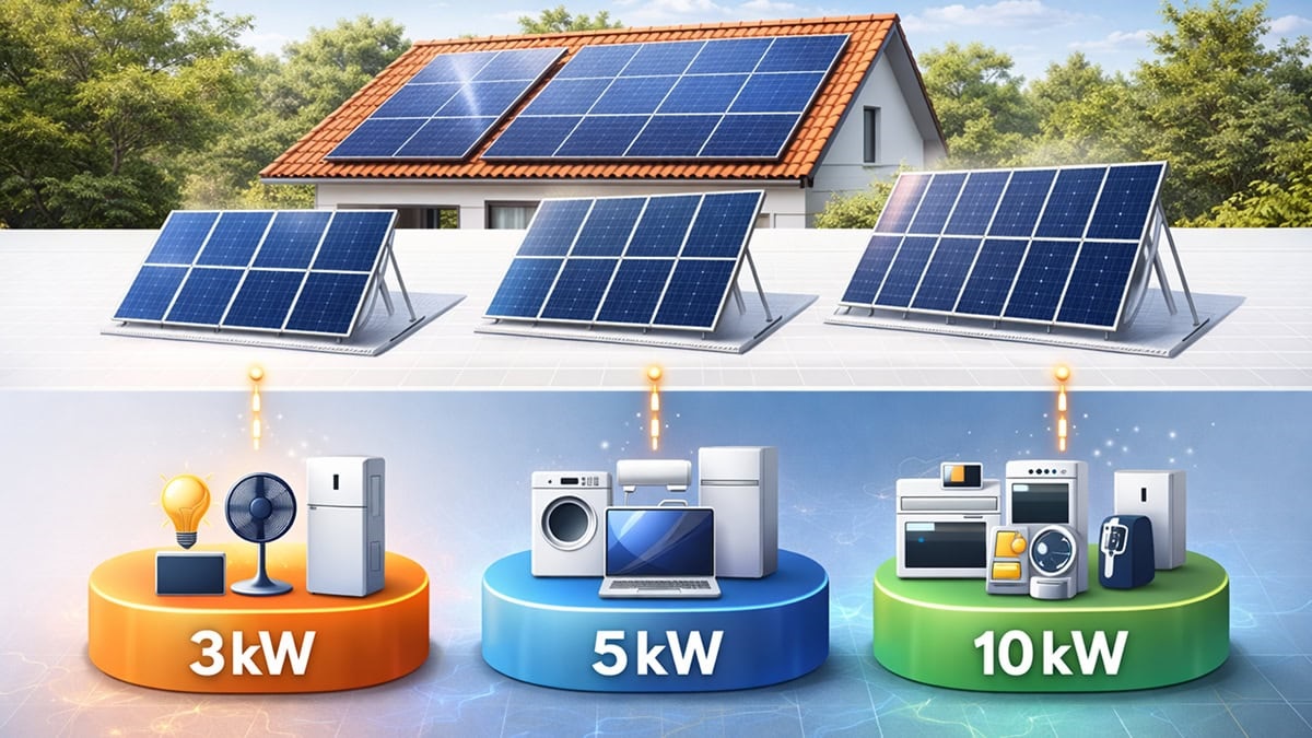 ตารางเปรียบเทียบขนาดติดตั้งโซล่าเซลล์ใช้ในบ้าน 3kW 5kW และ 10kW กับเครื่องใช้ไฟฟ้าที่รองรับ