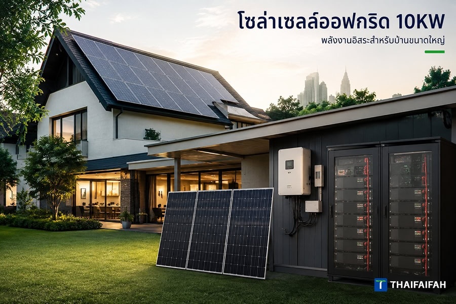 การติดตั้งระบบโซล่าเซลล์ออฟกริดขนาด 10kw พร้อมตู้แบตเตอรี่สำรองขนาดใหญ่ในโฮมออฟฟิศ