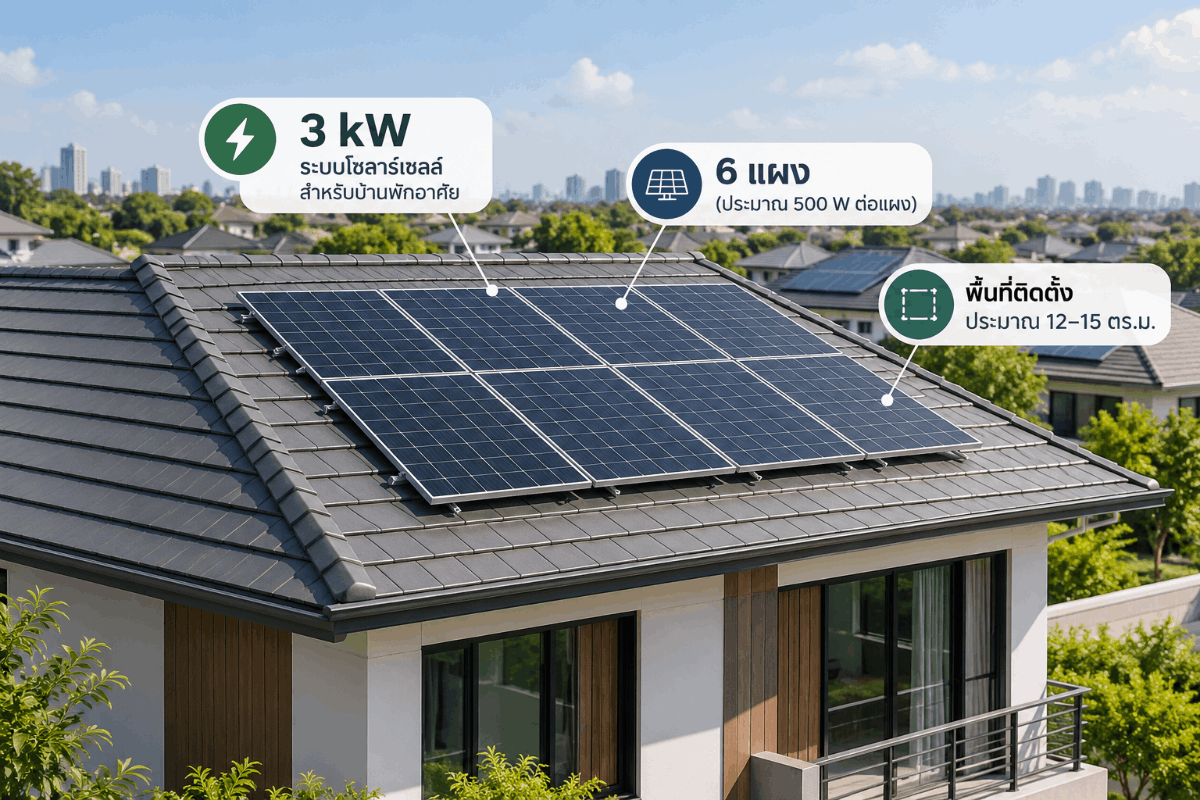 ระบบโซล่าเซลล์ 3kW พร้อมจำนวนแผงและพื้นที่ติดตั้ง