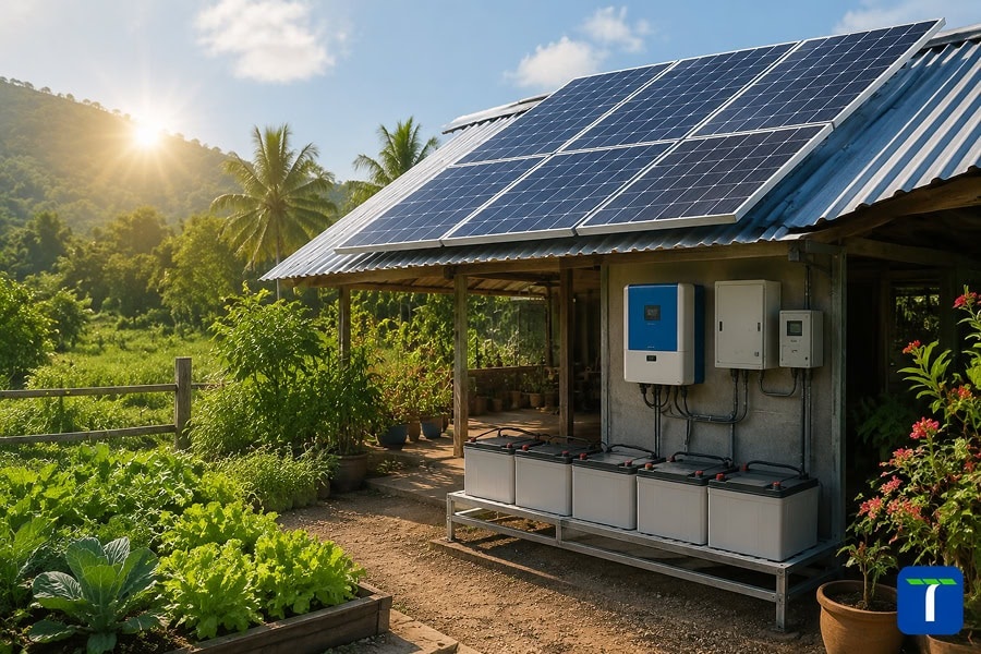 การติดตั้งระบบโซล่าเซลล์ออฟกริดขนาด 3kw พร้อมแบตเตอรี่ใช้งานในบ้านสวน